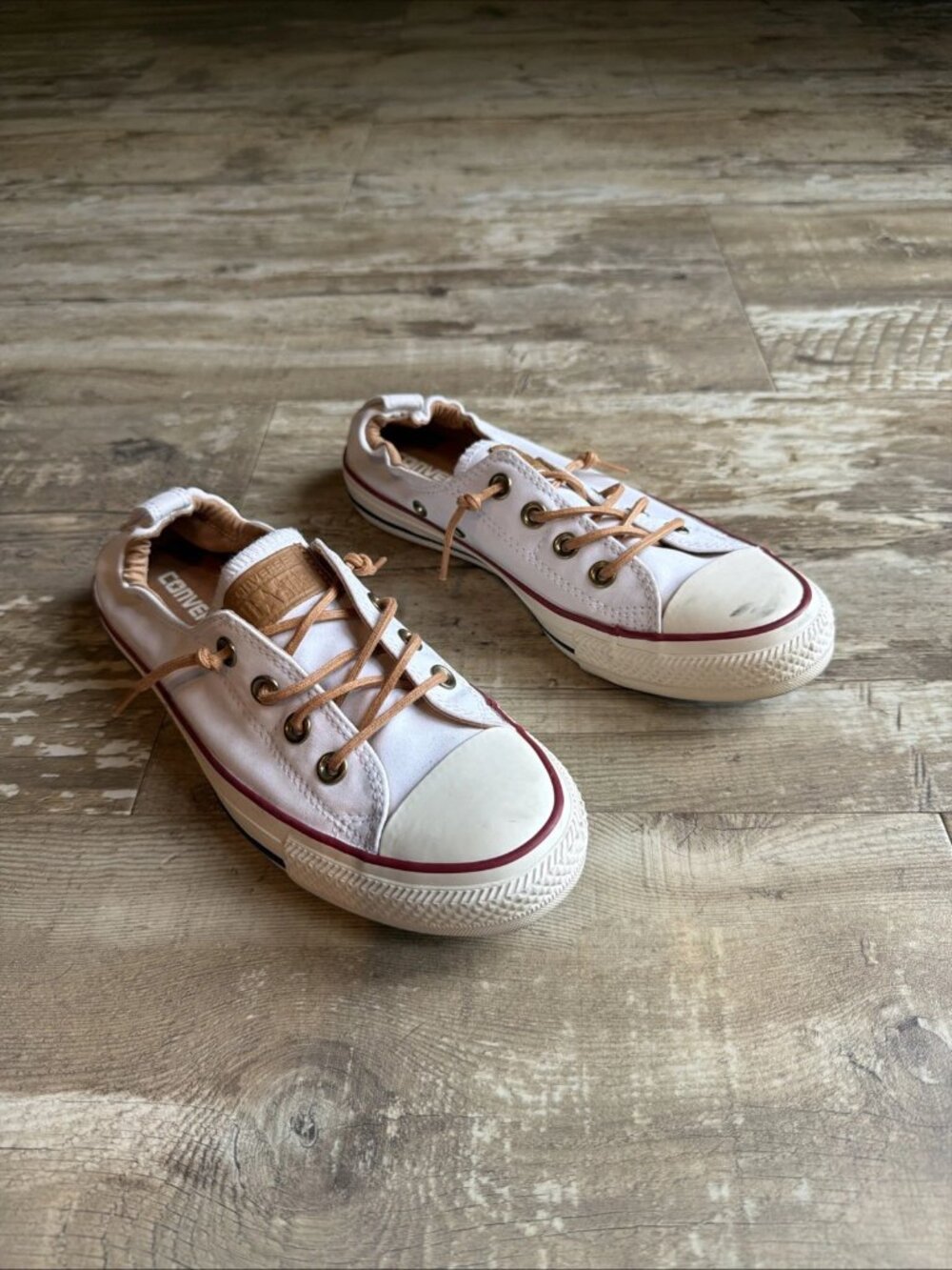 CONVERSE Shoreline White & Red Canvas Slip On Sneakers Leather Logo Women’s 8